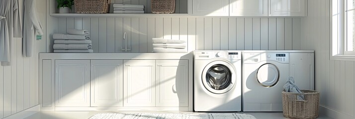 The epitome of organization and elegance in a beautiful white laundry room, viewed from the front, showcasing cleanliness and order