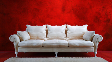 A white couch with red wall background