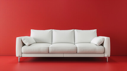 A white couch with red wall background