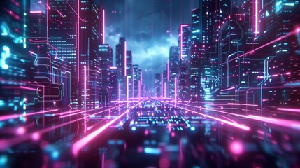 A digital cityscape emerges from the neon circuit lines and data streams - obrazy, fototapety, plakaty