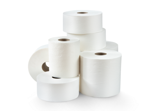Rolls of toilet paper and paper towels isolated on white background