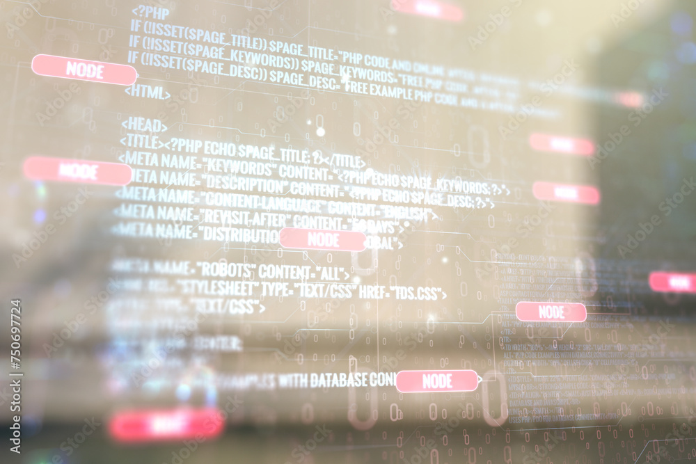 Aufkleber double exposure of abstract programming language interface on modern business center exterior backgr