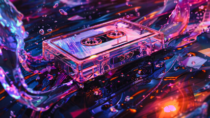 Nostalgia of the past with innovation of the present: cassette tape symbolizes fusion of time and genres, bridging traditional and futuristic music celebration. - obrazy, fototapety, plakaty