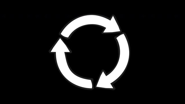 Animation of the black and white circular recycling arrow symbol rotating in a loop on a green background, transparent background and alpha channel in cartoon style