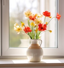 stock photo of spring flowers in a white vase on a window sill