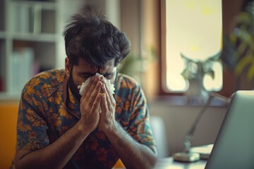 Illness and Work: Man Blowing Nose While Focused on Laptop Work - obrazy, fototapety, plakaty