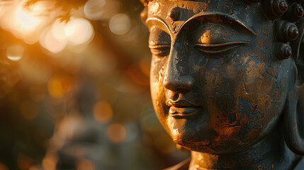 face of buddha statue on bright blurred background