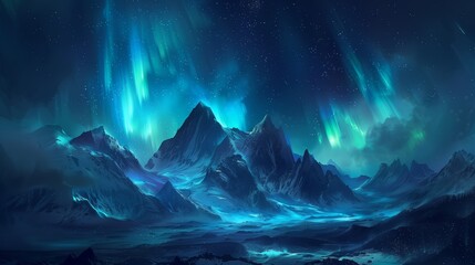 Blue aurora in the mountains at the North Pole