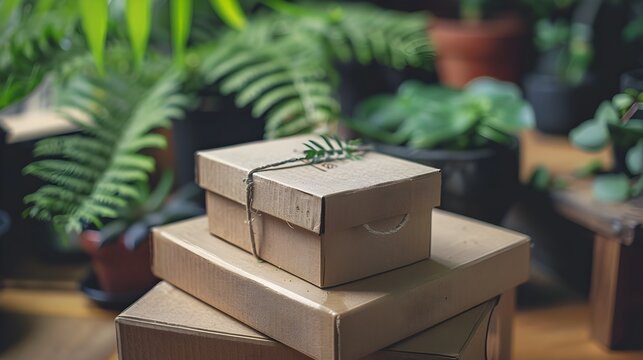 Stacked Green Delivery Boxes with Earthy Natural Foliage Details