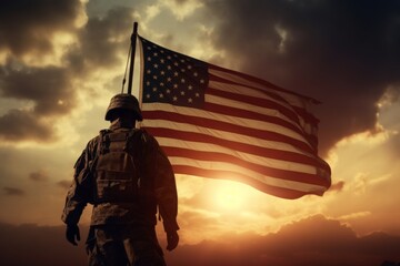 Soldier saluting usa flag on sunrise background, national holiday concept, flag day July 4th