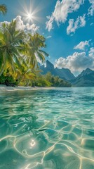 Sunshine sandy beach and clear blue water and palm trees. Luxury Vacation Seascape. Paradise island...