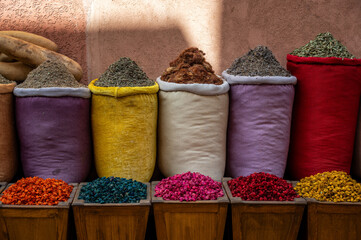 Colorful spices in a market in Marrakesh, Morocco