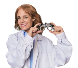 Dedicated ophthalmologist with test glasses, focused on optimal eye health