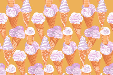 Colorful ice cream seamless pattern. Vector hand drawn illustration. Summer yellow background with fresh dessert, abstract artistic sweets. Collage for designs, kitchen textiles, children textiles