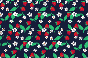 Colorful summer seamless pattern with abstract berries strawberries, flowers, leaves on black background. Vector hand drawn doodle sketch. Cute stylized fruits. Collage for designs, children textiles