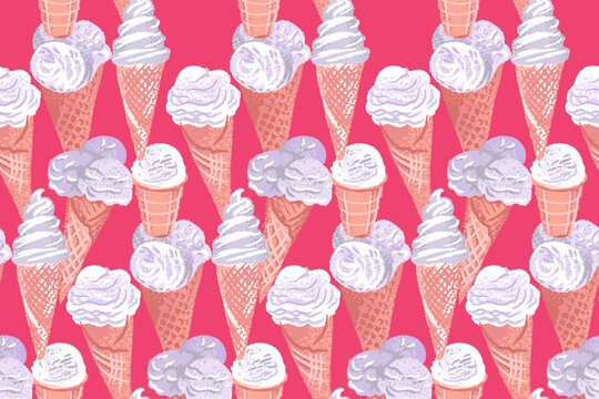 Abstract artistic ice cream cone seamless pattern in a pink background. Vector hand drawn sketch. Colorful illustration summer fresh ice cream dessert. Collage for designs, kitchen textiles
