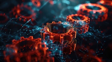 Mechanical technology machine engineering wire frame. Abstract gear wheels in dark background. Cogs and gear wheel mechanisms concept.  