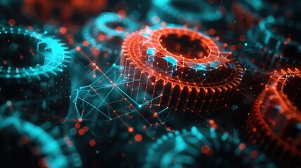 Mechanical technology machine engineering wire frame. Abstract gear wheels in dark background. Cogs and gear wheel mechanisms concept.  