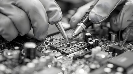 Close-up of Hands Repairing Circuit Board in Black and White