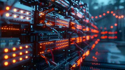 Data Center Racks with Neon Lights in Rendered Style