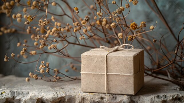 Brown Gift Box on Rock with Twine and Ribbon in Organic Textures