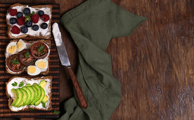 assorted sandwiches with different fillings for breakfast