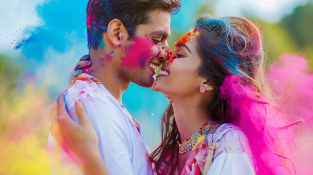 Cheerful young Indian couple in love playing with colorful powder color or celebrating holi festival at park and kissing