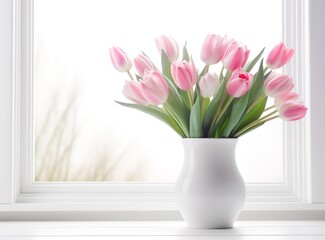 Obraz premium tulips on a white window sill