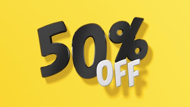 50 percent off price reduction isolated on yellow background. 50 percent discount loop animation.