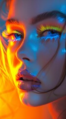 Girl with fair skin, blue eyes, long false eyelashes, bright makeup in neon colors