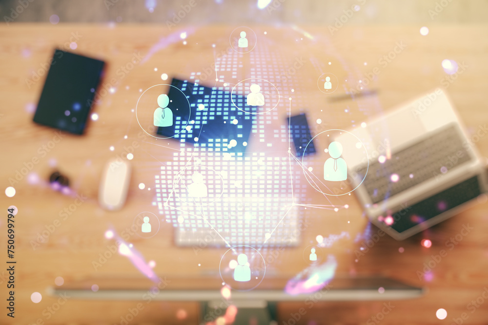 Aufkleber Social network media concept with world map and modern computer on background. Double exposure