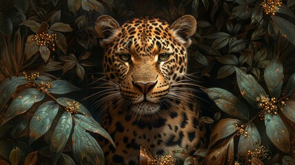 Artistic interpretation of a leopard against a backdrop of lush green foliage - obrazy, fototapety, plakaty