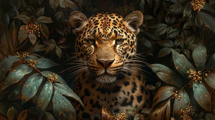Foto op Plexiglas Artistic interpretation of a leopard against a backdrop of lush green foliage © Lavinia