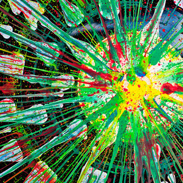 Abstract Art of Splattered Green, Yellow and Red Acrylic Paint