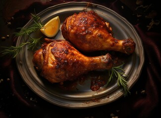 Fototapeta premium two grilled chicken leg sitting on a plate and garnished