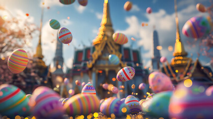 Easter eggs falling from the sky in Thailand with ancient temples and the Chao Phraya River - obrazy, fototapety, plakaty