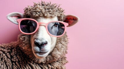 Funny sheep wearing sunglasses on pastel color background with copy space for text placement