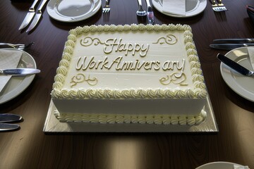 Elegant Happy Work Anniversary Celebration Cake with Candles and Frosting on Decorated Table