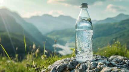 Pure mineral water in a glass bottle. Clean liquid on mountain background