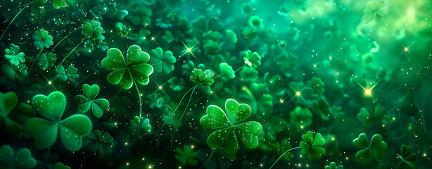 Vibrant green clover field with sparkling bokeh, symbolizing luck and springtime.
