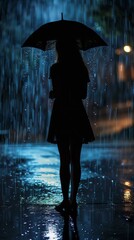 Silhouette elegant female with umbrella standing under rain at night