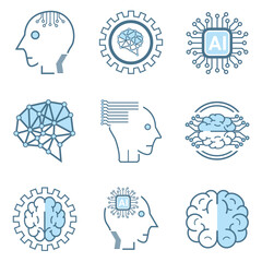 AI icon, smart AI and robotic and cloud computing network digital AI technology, vector illustration and artificial intelligence icon, symbols collection