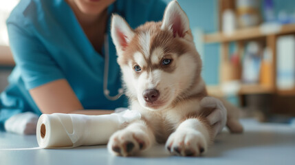 cute siberian husky puppy meet with pet doctor for treat and cure his leg from pain and injury with...