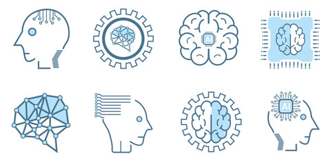 Group of artificial intelligence icon, symbols collection, isolated lined machine AI icon, smart AI and robotic concepts of technology