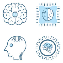 Set of 4 artificial intelligence icons, symbols collection, isolated lined machine AI icon, smart AI and robotic and cloud computing network digital AI and technology