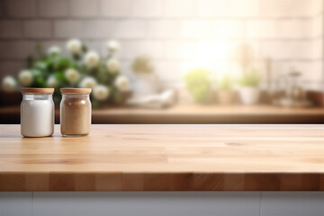Fototapeta na wymiar Stylish Wooden Table Top on Blurred Kitchen Background