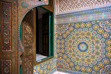 Intricate details in the interior of Telouet Kasbah in Telouet, Morocco