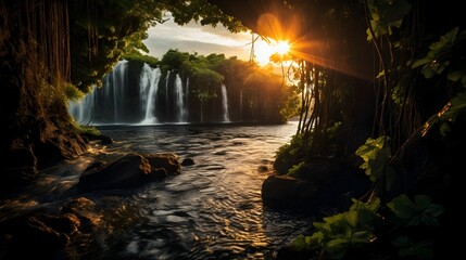 Tropical Waterfall at Sunset in the Rainforest