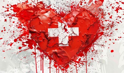 Switzerland National day background. Abstract brushed watercolor flag of Switzerland in grunge heart shape. Holiday template background.