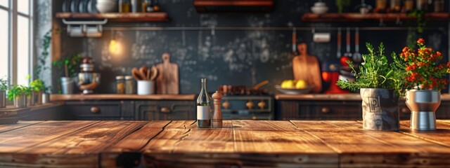 background images about a kitchen and a large table to show products and spectacular and realistic kitchen background - obrazy, fototapety, plakaty